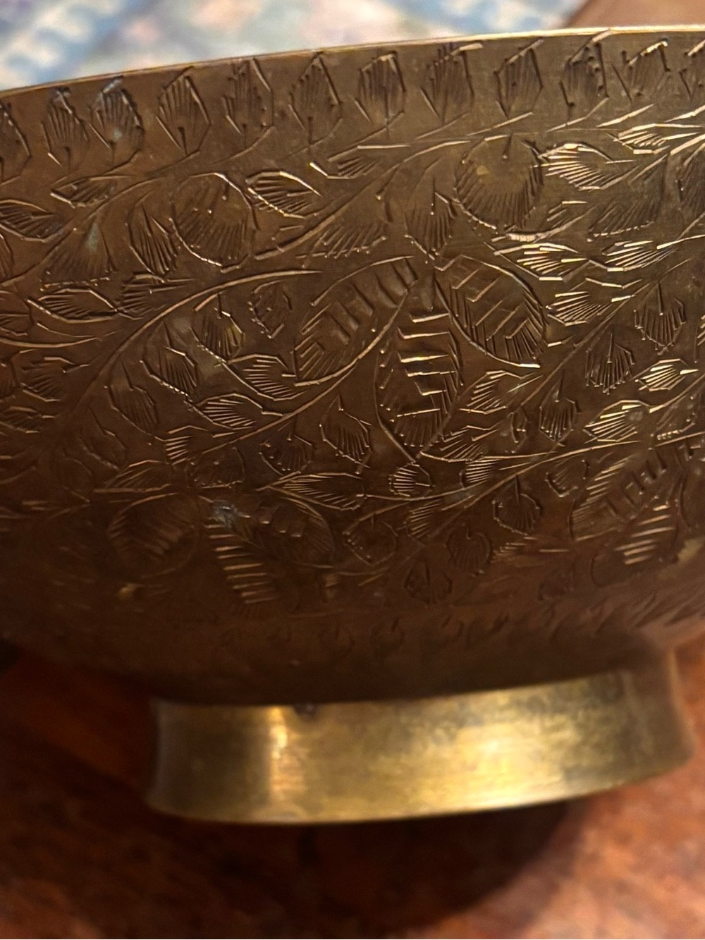 Brass Decorative Bowl with Engraved Leaf Motif - Gold